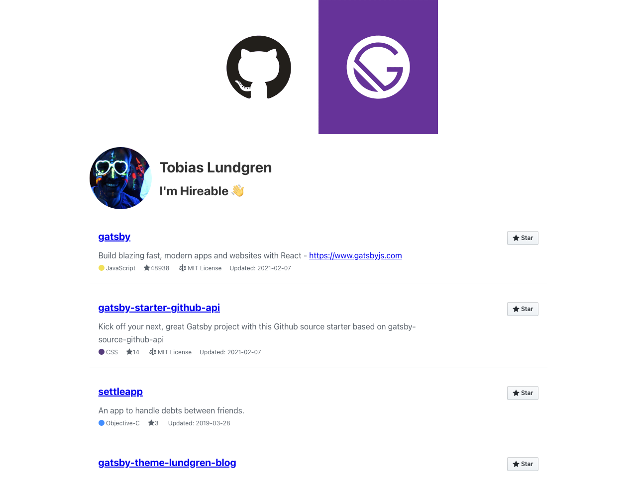 Gatsby Github API screenshot